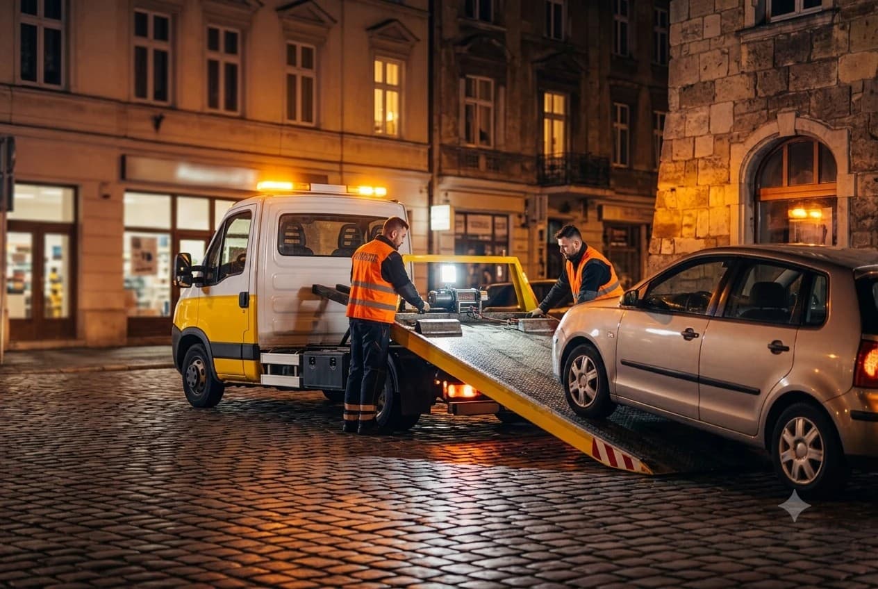 Chargement d'un véhicule sur une dépanneuse à plateau en centre-ville